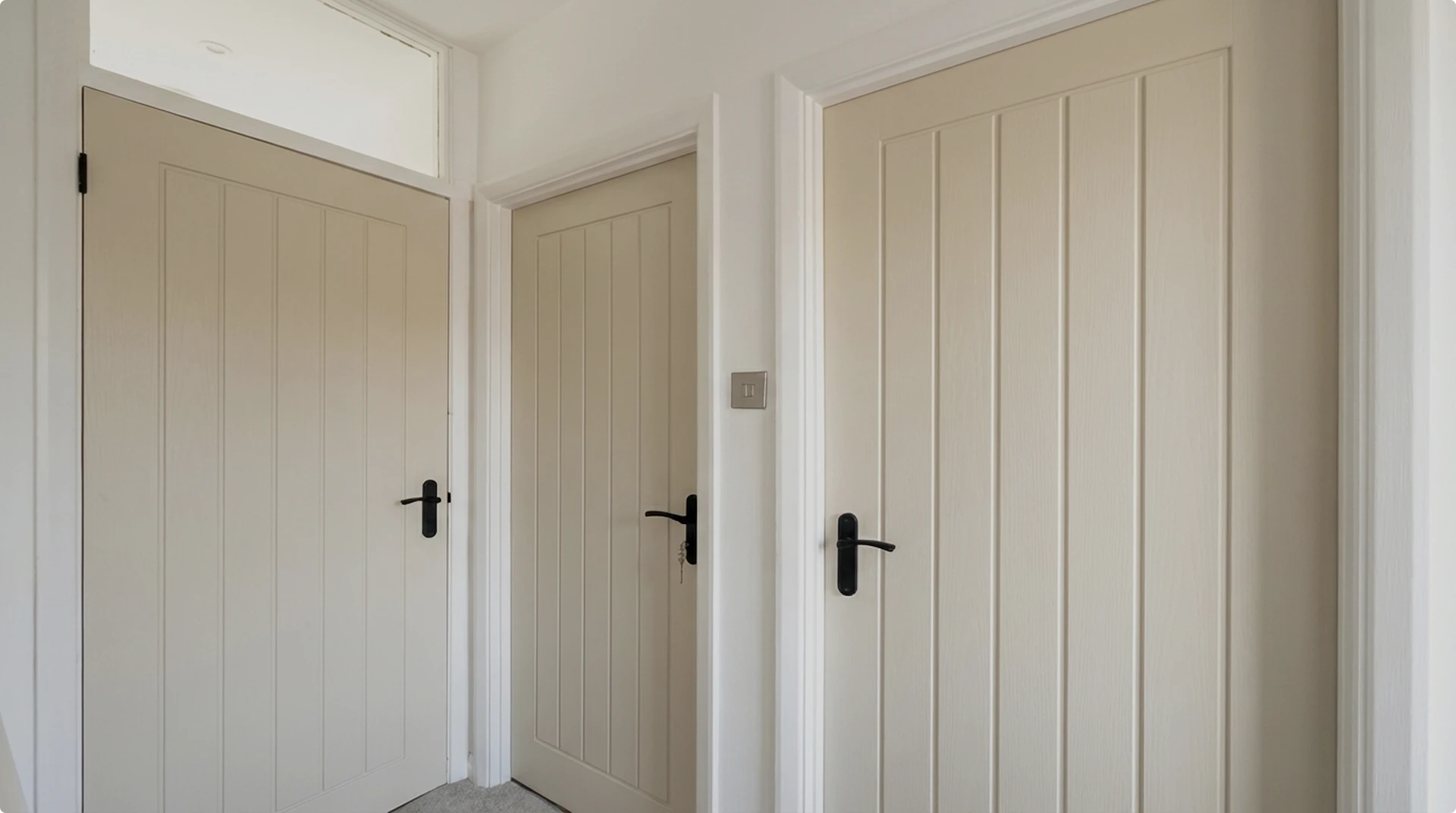 Panelled interior doors with black handles and neatly finished surrounding joinery