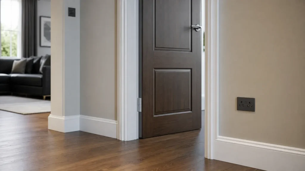 Panelled grey internal door with a matching frame and timber floor