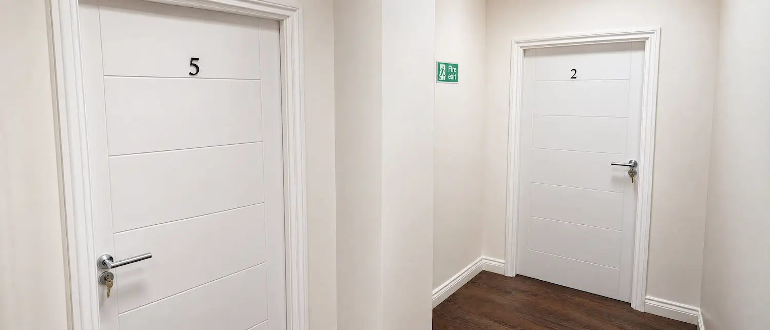 Completed flat entrance fire doors along a residential corridor