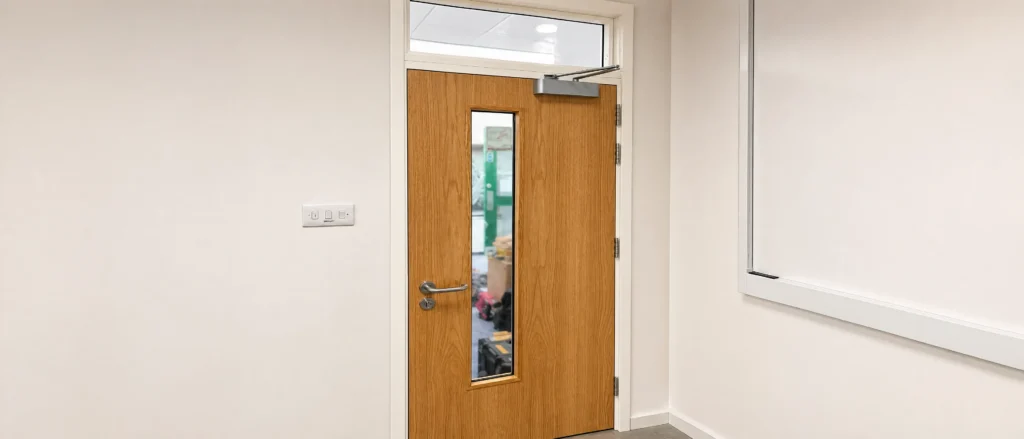 Single timber fire door with a glazed panel and closer at Wickham Primary School