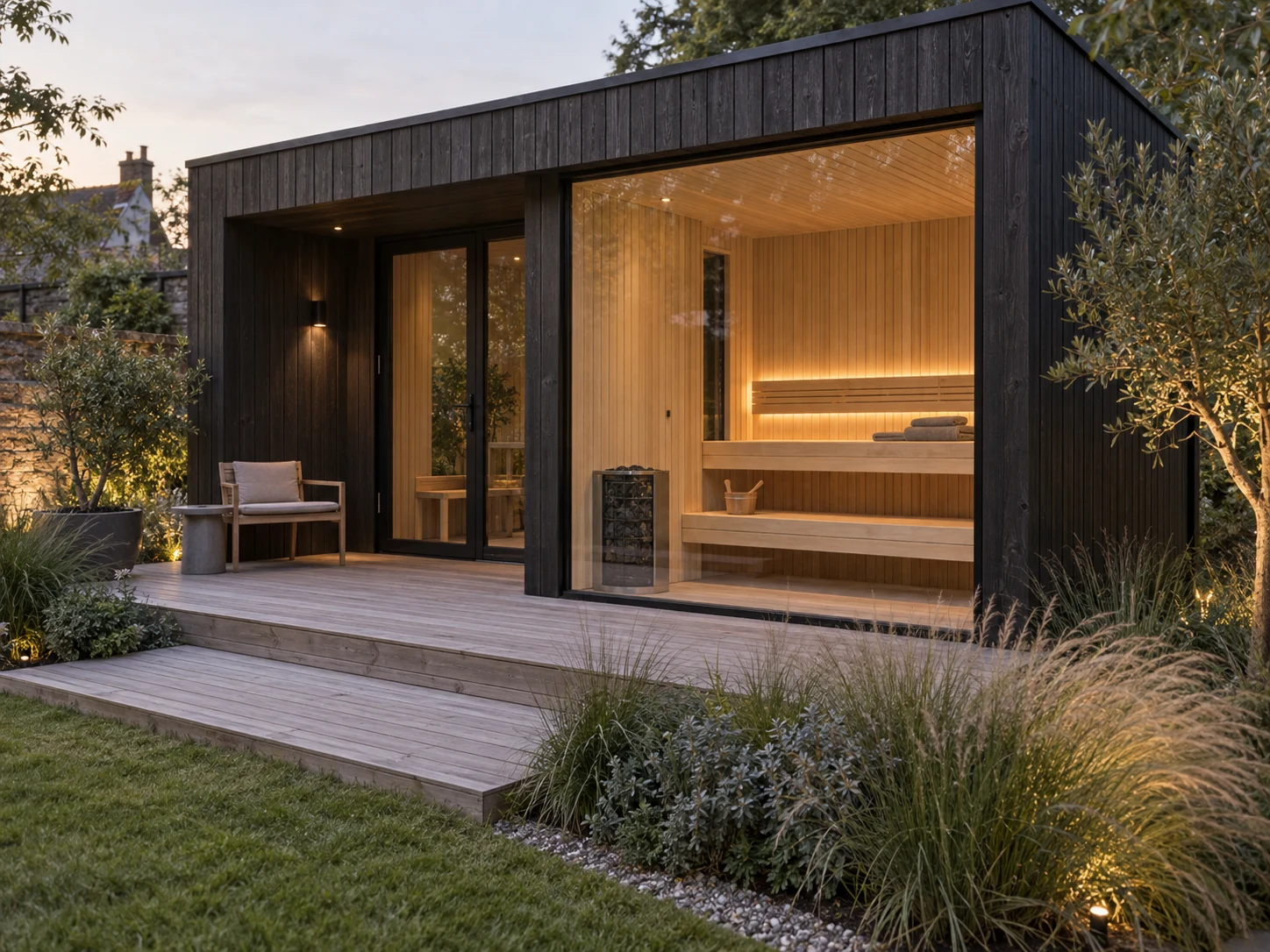 Garden room and bespoke sauna — AI design inspiration AI design inspiration showing a timber garden room, bespoke sauna and decking