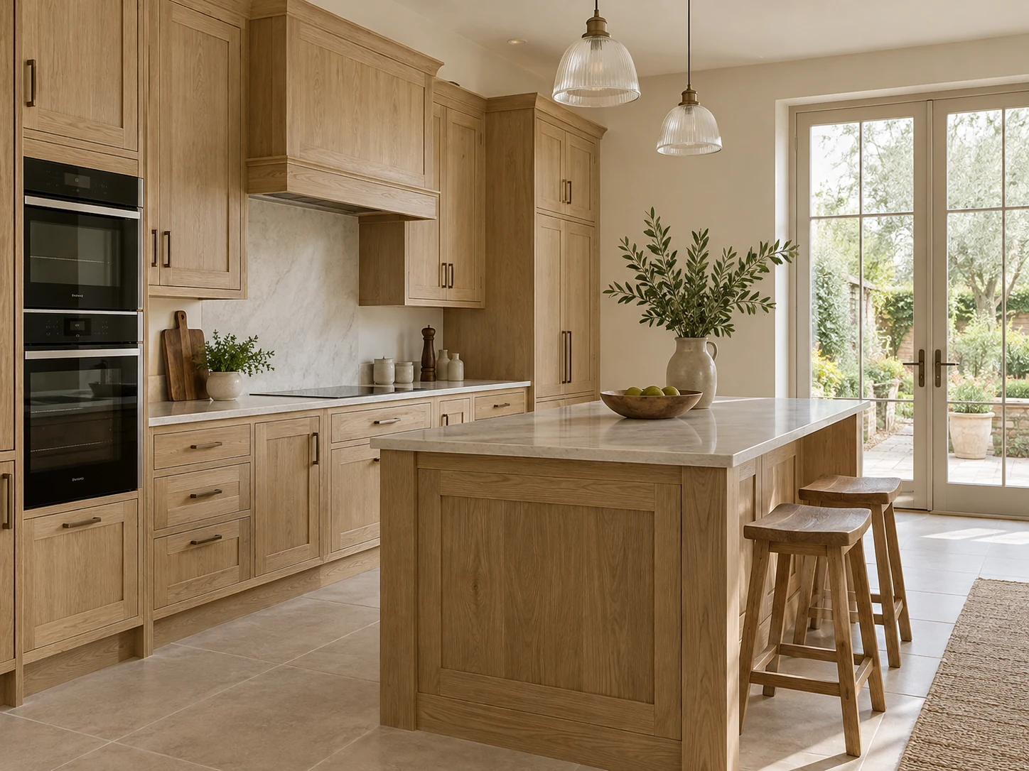 Oak kitchen installation — AI design inspiration AI design inspiration showing an oak kitchen with fitted cabinets and an island
